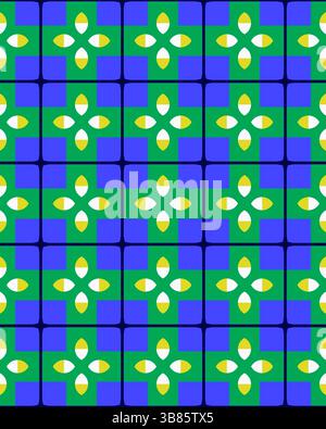 Le motif géométrique coloré présente des formes florales stylisées disposées dans une disposition répétitive, avec des tons bleus et verts contrastés. Banque D'Images