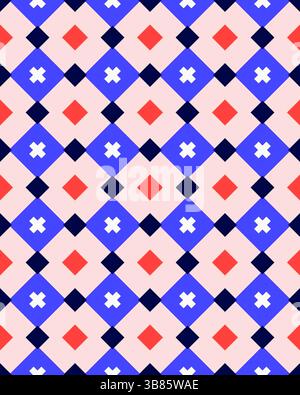 Un design dynamique met en valeur un ensemble coloré de diamants et de croix disposés dans un motif géométrique répétitif sur un fond doux. Banque D'Images
