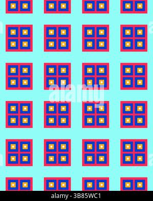 La conception géométrique colorée présente des carrés répétitifs en rouge, bleu et jaune sur un fond bleu doux, créant un effet visuel vibrant. Banque D'Images