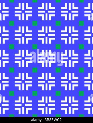 Un design géométrique saisissant met en valeur des symboles blancs sur un fond bleu vif, entrecoupé de carrés verts pour plus de contraste. Banque D'Images