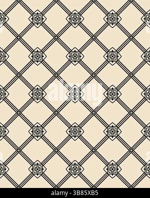 Un motif géométrique détaillé présente des carrés imbriqués et des motifs floraux avec un schéma sophistiqué de couleurs noir et beige. Banque D'Images