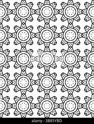 Un motif géométrique noir et blanc sans couture avec des formes semblables à des étoiles interconnectées avec des centres circulaires et des détails de ligne complexes. Banque D'Images