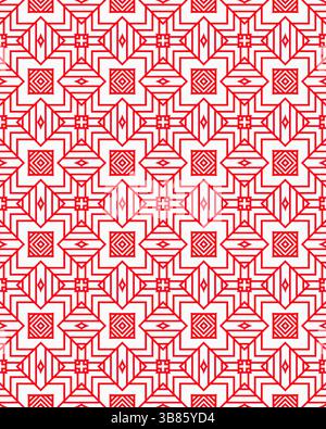 Motif géométrique rouge et blanc complexe mettant en valeur des carrés et des diamants répétitifs dans un arrangement visuellement captivant. Banque D'Images