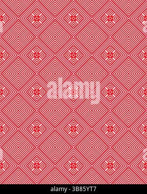 Un fond rouge éclatant orné de motifs géométriques complexes de diamants et de lignes crée un effet visuel saisissant. Banque D'Images