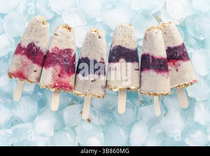 Popsicle de glace maison avec baies, granola et graines de chia. Concept de petit déjeuner sain d'été. Les pop-sicles du yaourt et de la banane avec des baies et Banque D'Images