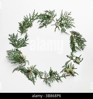 Motif de Noël en forme de cercle avec espace de copie minimal. Branches de sapin ou de cyprès sur fond blanc. Espace négatif pour la conception au centre. Christ Banque D'Images