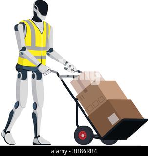 Robot humanoïde déplaçant des boîtes à l'aide d'un chariot à main, robotique et concept d'entreposage, isolé Illustration de Vecteur