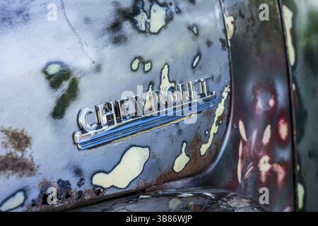 PAAREN Im GLIEN, Allemagne - 03 OCTOBRE 2020 : L'emblème de la voiture Chevrolet, gros plan. Le salon de la voiture classique 2020 Banque D'Images
