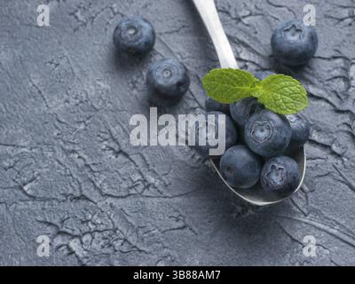 Les bleuets fraîchement cueillis dans spoon libre. Et mûres bleuets frais juteux avec feuilles de menthe verte sur fond de béton texturé. La myrtille sur dark b Banque D'Images