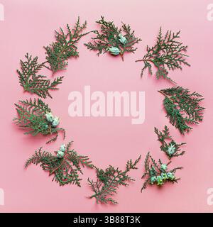 Motif de Noël en forme de cercle avec espace de copie minimal. Branches de sapin ou de cyprès sur fond rose. Espace négatif pour la conception au centre. Noël Banque D'Images