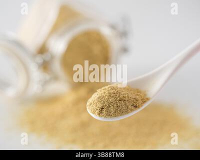 Fond nutritionnel de levure. Levure nutritionnelle inactive dans une petite cuillère et déversée dans un pot en verre sur le fond. Copier l'espace. Levure nutritionnelle est veg Banque D'Images