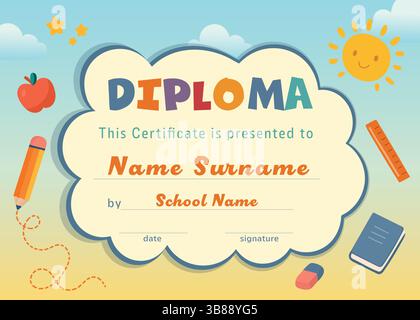 Modèle de certificat de diplôme de maternelle avec le soleil et les fournitures scolaires de nuage de fond coloré Illustration de Vecteur