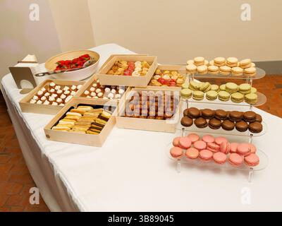 Assortiment de pâtisseries individuelles soigneusement emballées dans des boîtes pour un buffet de desserts sophistiqué lors d'un événement, parfait pour les célébrations ou les réunions d'entreprise. Banque D'Images