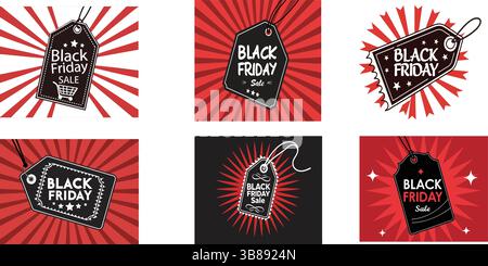 Vecteur d'étiquettes de vente de vendredi noir | étiquettes de réduction de style rétro pour les promotions Illustration de Vecteur