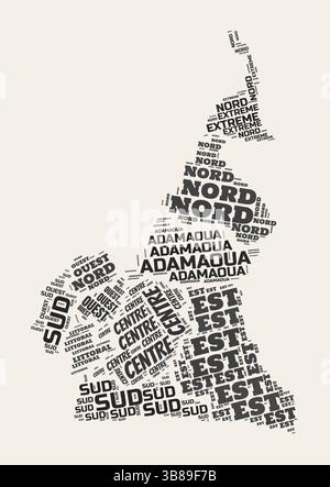 Cameroun Word Cloud. Pays avec division de régions. Cameroun texte typographique nuages de conception d'image vectorielle. Image de forme de pays de style gazette vintage. Illustration de Vecteur