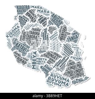 Nuage de texte de forme Tanzanie. Frontière de pays avec ombre sur fond blanc. Tanzanie avec division des régions dans le style vintage gazette. Illustration de Vecteur