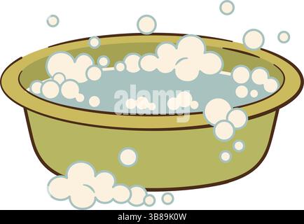 Bassin d'eau savonneuse. Savon plat dessiné à la main de mousse et d'eau, laver les vêtements. Bassin rempli d'eau. Illustration vectorielle de nettoyage de maison Illustration de Vecteur