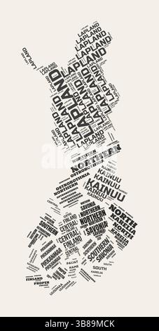 Finlande Word Cloud. Pays avec division de régions. Finlande texte typographique nuages de conception d'image vectorielle. Image de forme de pays de style gazette vintage. Illustration de Vecteur