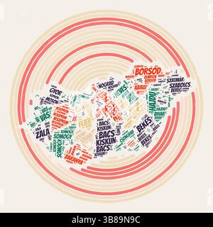 Affiche ronde Hongrie. Image de style typographie du pays. Régions nuages de mots de Hongrie. Design d'image vintage avec texture de grattage. Illustration de Vecteur