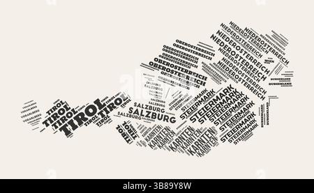 Autriche Word Cloud. Pays avec division de régions. Autriche texte typographique nuages de conception d'image vectorielle. Image de forme de pays de style gazette vintage. Illustration de Vecteur