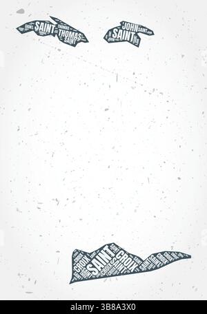 Nuages de mots pour les régions des îles Vierges américaines. Forme de pays sur fond texturé. Conception des îles Vierges américaines dans un style typographique. Illustration de Vecteur