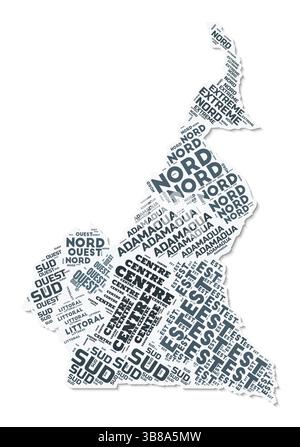 Nuage de texte de forme Cameroun. Frontière de pays avec ombre sur fond blanc. Cameroun avec division des régions dans le style vintage gazette. Illustration de Vecteur