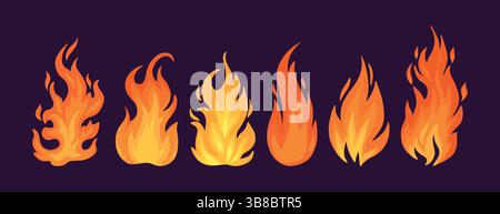 Flamme de dessin animé. Boule de feu, feu de camp rouge chaud, feu de forêt jaune de chaleur et feu de joie, silhouettes de feu de feu de brûler ensemble d'illustration vectorielle isolé. Fireb Illustration de Vecteur