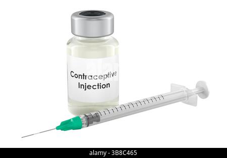 Injection contraceptive, flacon et seringue. Rendu 3D isolé sur fond blanc Banque D'Images