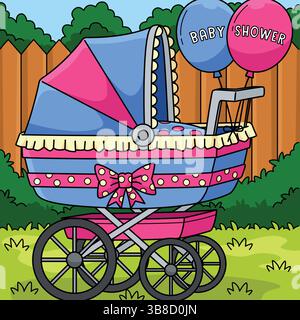 Poussette de douche de bébé dessin animé coloré Illustration de Vecteur