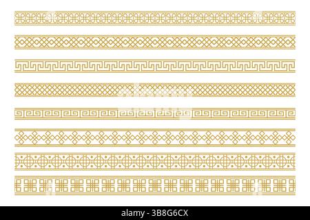 Ensemble de bordures décoratives avec des motifs répétitifs dans des tons dorés sur un fond blanc, adapté aux éléments de design. Illustration de Vecteur