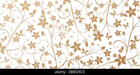 Modèle sans couture avec des fleurs décoratives et des papillons de couleurs dorées arrière-plans blancs isolés pour des papiers peints texturés de luxe élégants, des arrière-plans Illustration de Vecteur