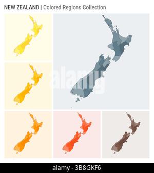 Collection de cartes de Nouvelle-Zélande. Forme de pays avec régions colorées. Bleu, gris, jaune, ambre, orange, palettes de couleurs Orange foncé et Marron. Illustration de Vecteur