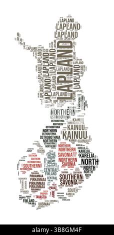 Finlande Word Cloud. Forme du pays avec division de région. Image de style typographique Finlande. Nuages de balises de noms de région. Illustration vectorielle. Illustration de Vecteur