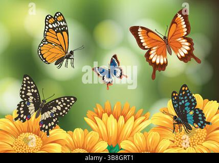 Les papillons colorés flottent au-dessus des tournesols brillants sur un fond vert flou, mettant en valeur des détails complexes et des couleurs vives Illustration de Vecteur