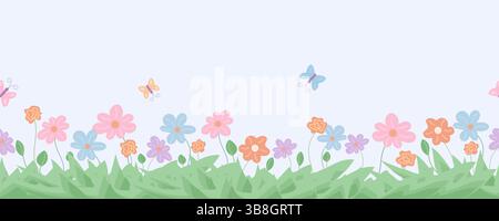 Bordure florale sans couture avec herbe et papillons Illustration de Vecteur