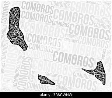 Les régions des Comores cartographient le nuage de mots. Comores noms des régions. Conception de carte en noir et blanc. Illustration vectorielle créative. Illustration de Vecteur