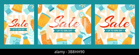 Affiche de vente d'été vibrante avec des bouteilles de crème solaire, des bannières colorées. Parfait pour les promotions, les remises ou le marketing saisonnier. Modèle pour la conception. Illustration de Vecteur