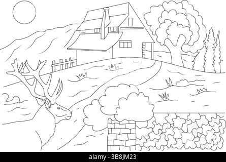 Une illustration en noir et blanc dessinant une maison située sur une colline surplombant un paysage avec des montagnes, des arbres, une clôture, un chemin, un mur de pierre Illustration de Vecteur