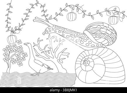 Illustration d'art au trait noir et blanc avec un escargot détaillé et un canard dans un cadre naturel avec des fleurs, des vignes et des citrouilles. Convient pour la couleur Illustration de Vecteur