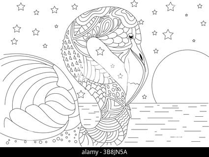Magnifique croquis dessiné à la main d'un oiseau flamant rose avec des motifs complexes inspirés de Zentangle. Le dessin au trait représente un flamant rose gracieux avec Illustration de Vecteur
