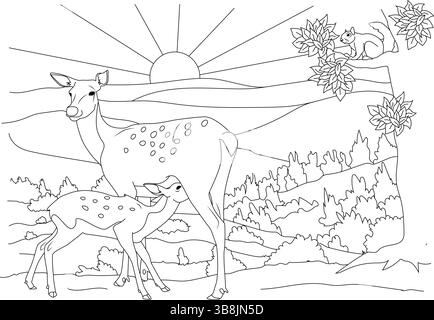 Dessin de contour noir et blanc pour un livre de coloriage mettant en vedette une mère cerf sauvage allaitant son bébé fauve dans un paysage naturel. La scène inclu Illustration de Vecteur