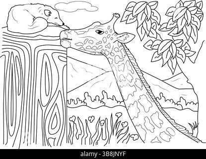 Dessin au trait noir et blanc d'une girafe regardant doucement vers le bas un petit renard endormi reposant sur une bûche tombée. La scène se déroule dans un paysage simple Illustration de Vecteur