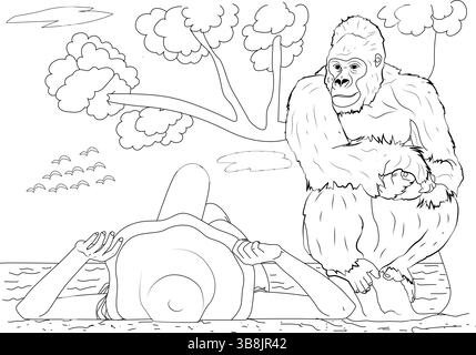 Dessin au trait noir et blanc pour la coloration, représentant une scène paisible avec un gorille et une fille se reposant ensemble dans un environnement naturel avec des arbres A. Illustration de Vecteur