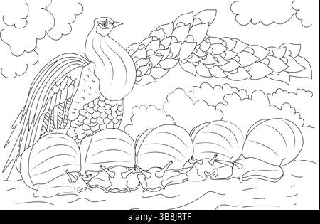 Une illustration de dessin de ligne en noir et blanc représentant un fier oiseau paon debout derrière une ligne de cinq escargots. L'image est adaptée à la coloration p. Illustration de Vecteur