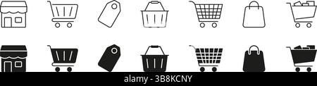 Jeu d'icônes Shopping et Retail. Collection de symboles commerce électronique, achats en ligne et magasins de détail. Comprend chariots, sacs, étiquettes et paniers Illustration de Vecteur