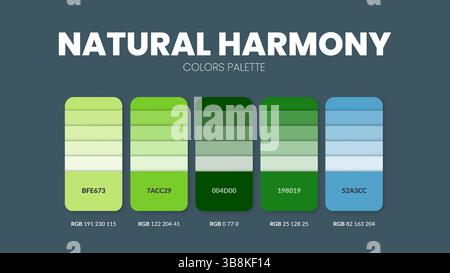 Guide de palette de couleurs dans les collections de thèmes de couleurs Natural Harmony. Inspiration de couleur ou graphique avec modèle de codes. Combinaison de couleurs RVB. Nuance de couleurs Illustration de Vecteur