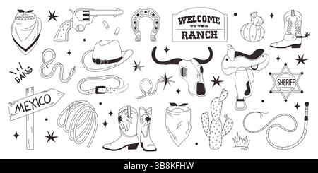 Ensemble de doodles Wild West. Illustration de Vecteur