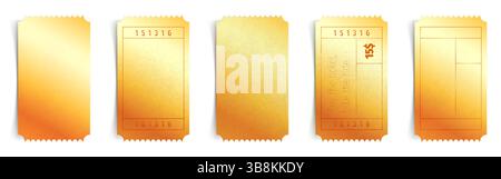 Gold luxury coupon ticket template set - blank golden glowing vertical tags with wavy zigzag perforations. 3d elegant premium voucher mockups for discount offer, event pass or gift certificate. Illustration de Vecteur
