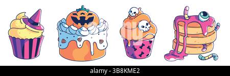 Autocollants de dessert Kawaii Halloween - gâteau à la citrouille mignon jack-o-lanterne, cupcake avec crème fouettée et chapeau de sorcière, saupoudrés drôles de muffin crâne, crêpes avec du ver et de la gelée pour les yeux. gâteries de vacances effrayantes. Illustration de Vecteur
