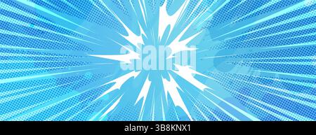 Fond d'explosion anime avec des lignes radiales - Starburst dynamique avec effet de mouvement de vitesse. Motif demi-ton bleu et blanc pour l'action de super-héros dans le style manga comic book. Bg décoratif stylisé Illustration de Vecteur